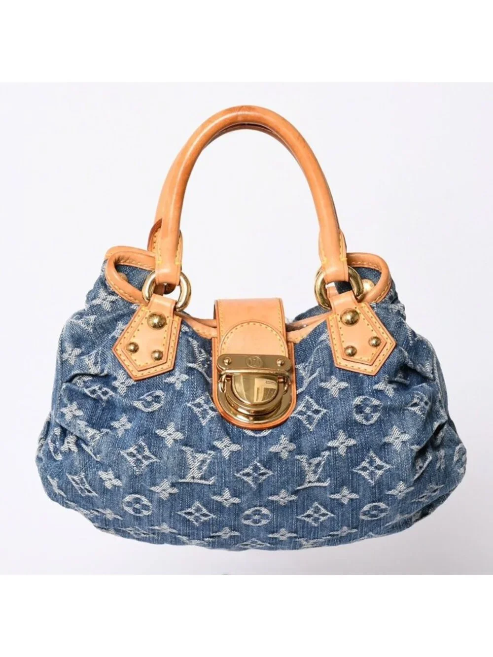 Louis Vuitton Pleaty Handbag Monogram Denim Leather Blue Gold